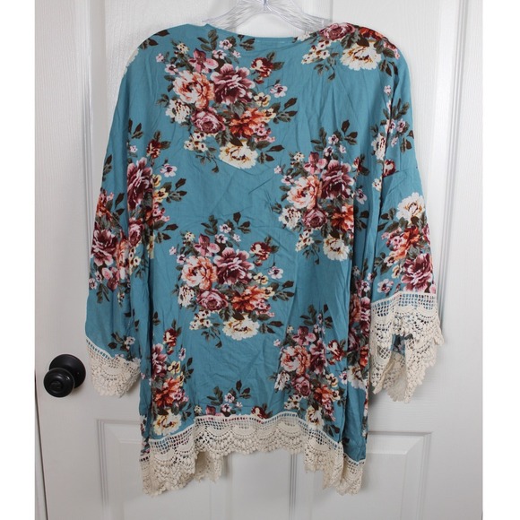 Umgee Teal Floral Lace Kimono Cardigan Boho Bohemian Lightweight Duster Size M - Picture 2 of 4